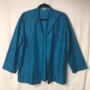 Chico’s Women’s Silk Teal Jacket Open Front Decorative Stitching Size M
